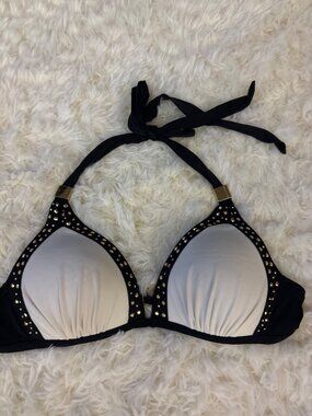 Victoria's Secret Bikini Top M Black White Gold Rhinestone Halter Triangle Swim